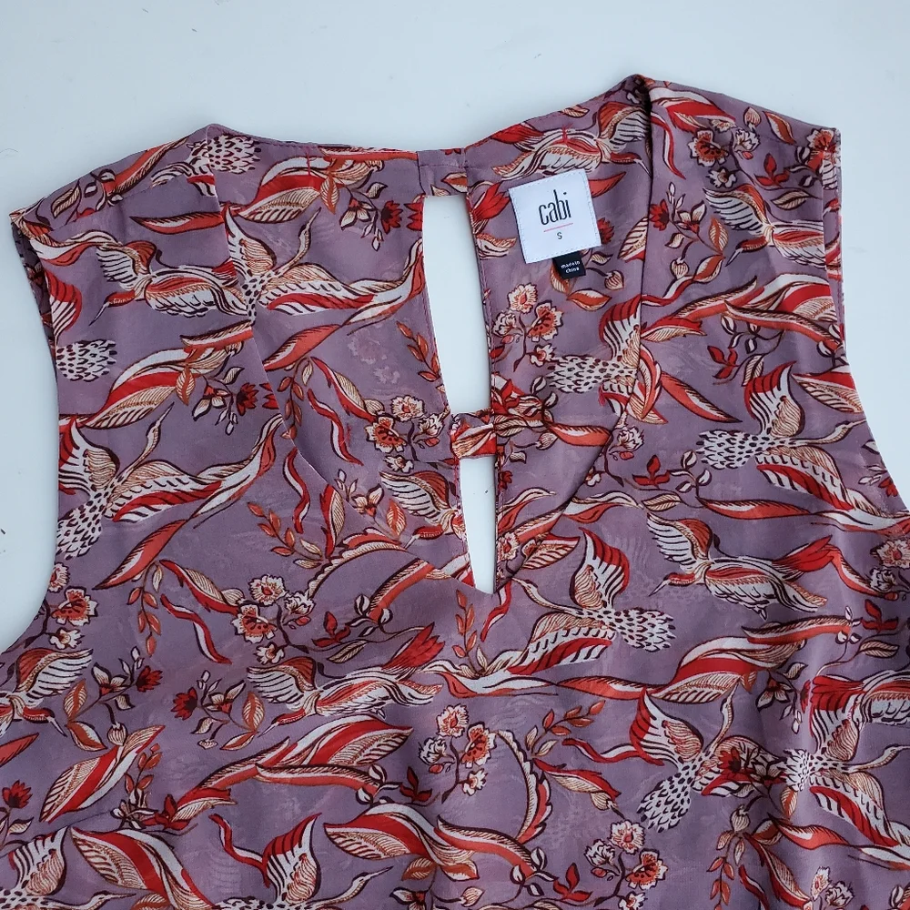 Cabi Small Blouse Good Luck Crane Shirt Mauve Sleeveless Peplum Top Flowy Bows - Picture 7 of 15